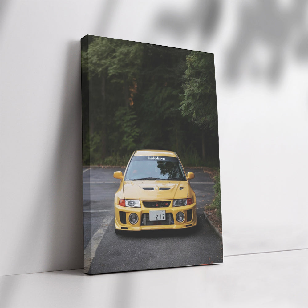 Vibrant Yellow Mitsubishi Lancer in Forest - Bold and Dynamic