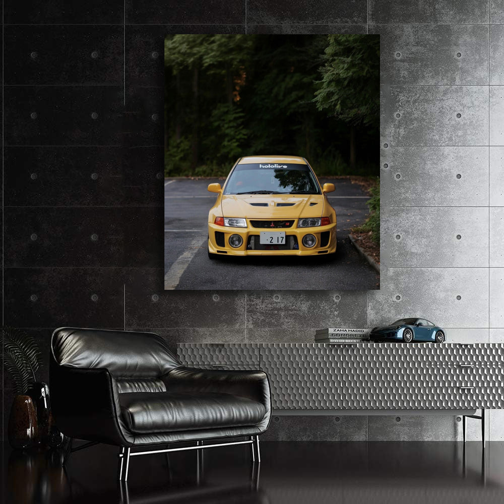 Vibrant Yellow Mitsubishi Lancer in Forest - Bold and Dynamic