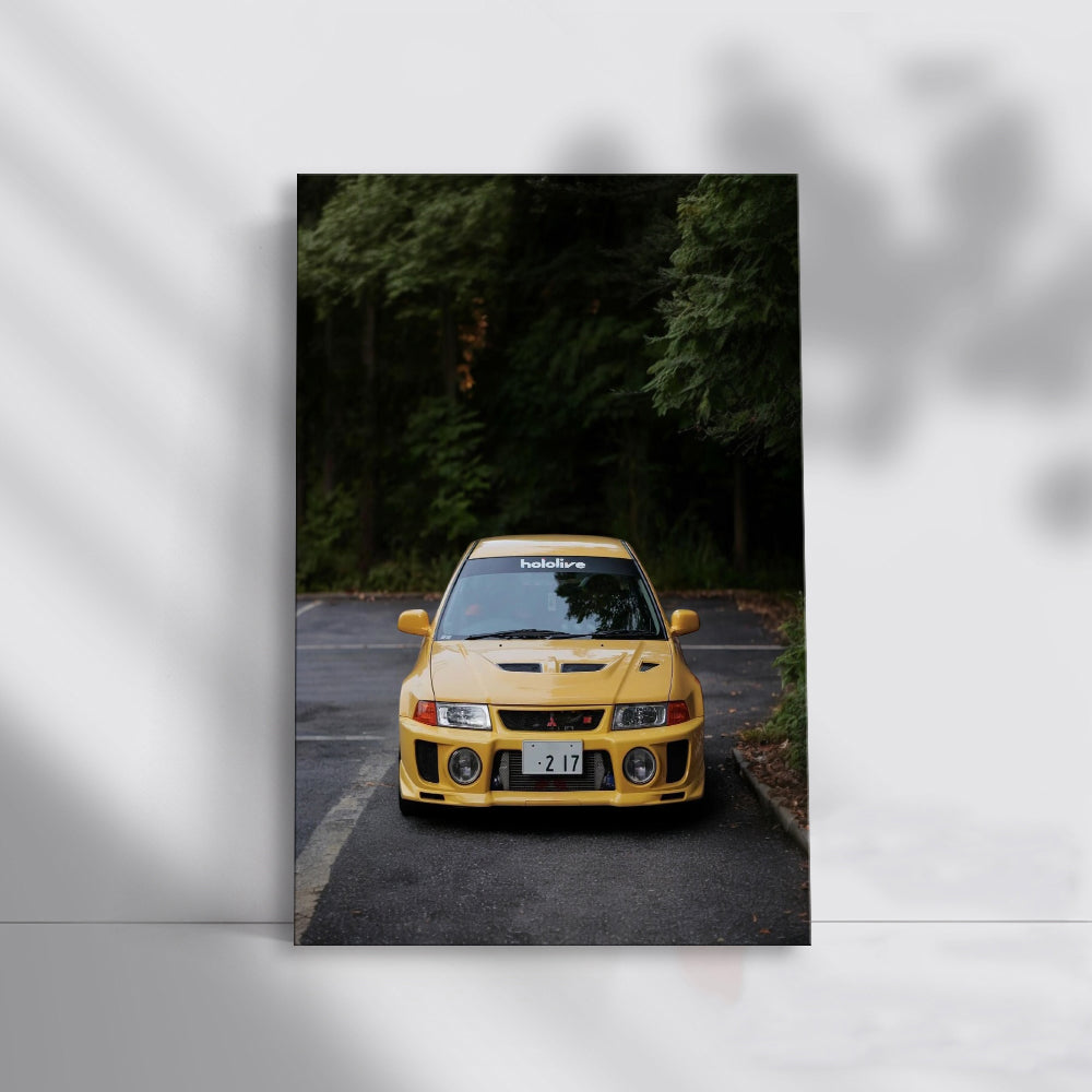 Vibrant Yellow Mitsubishi Lancer in Forest - Bold and Dynamic