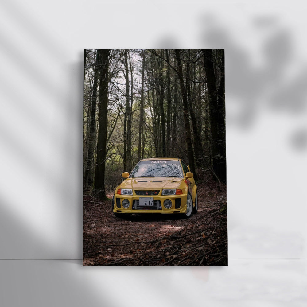 Yellow Mitsubishi Lancer in Forest - Sporty and Adventurous