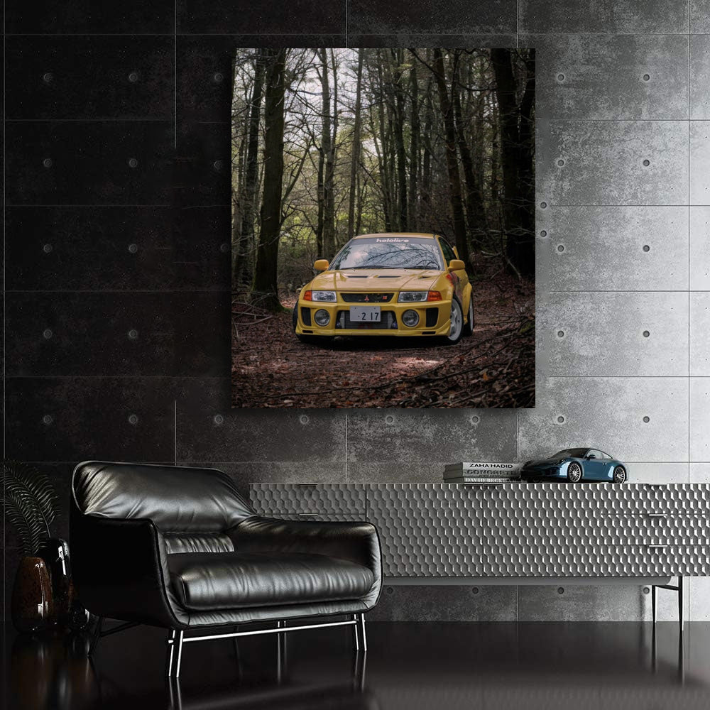 Yellow Mitsubishi Lancer in Forest - Sporty and Adventurous