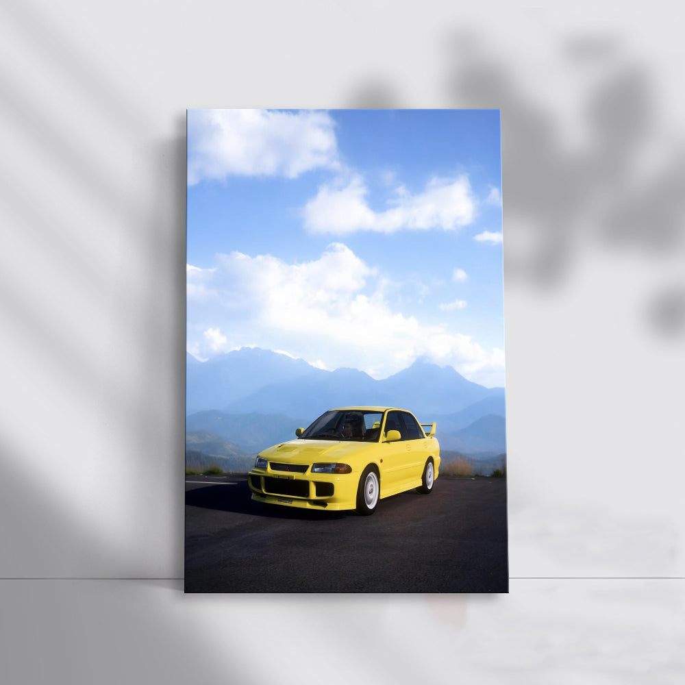 Yellow Mitsubishi Lancer in Mountainous Terrain - Sporty Drive