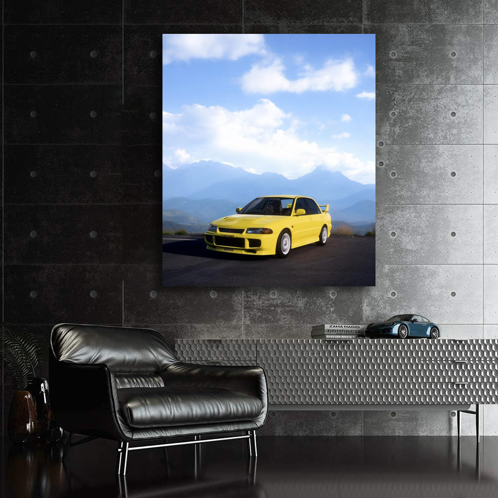 Yellow Mitsubishi Lancer in Mountainous Terrain - Sporty Drive