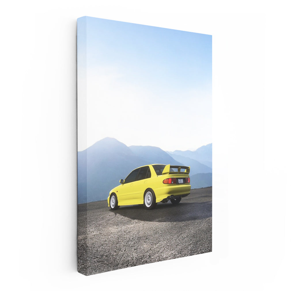 Yellow Mitsubishi Lancer in Mountains - Bold Performance