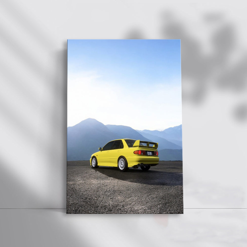 Yellow Mitsubishi Lancer in Mountains - Bold Performance
