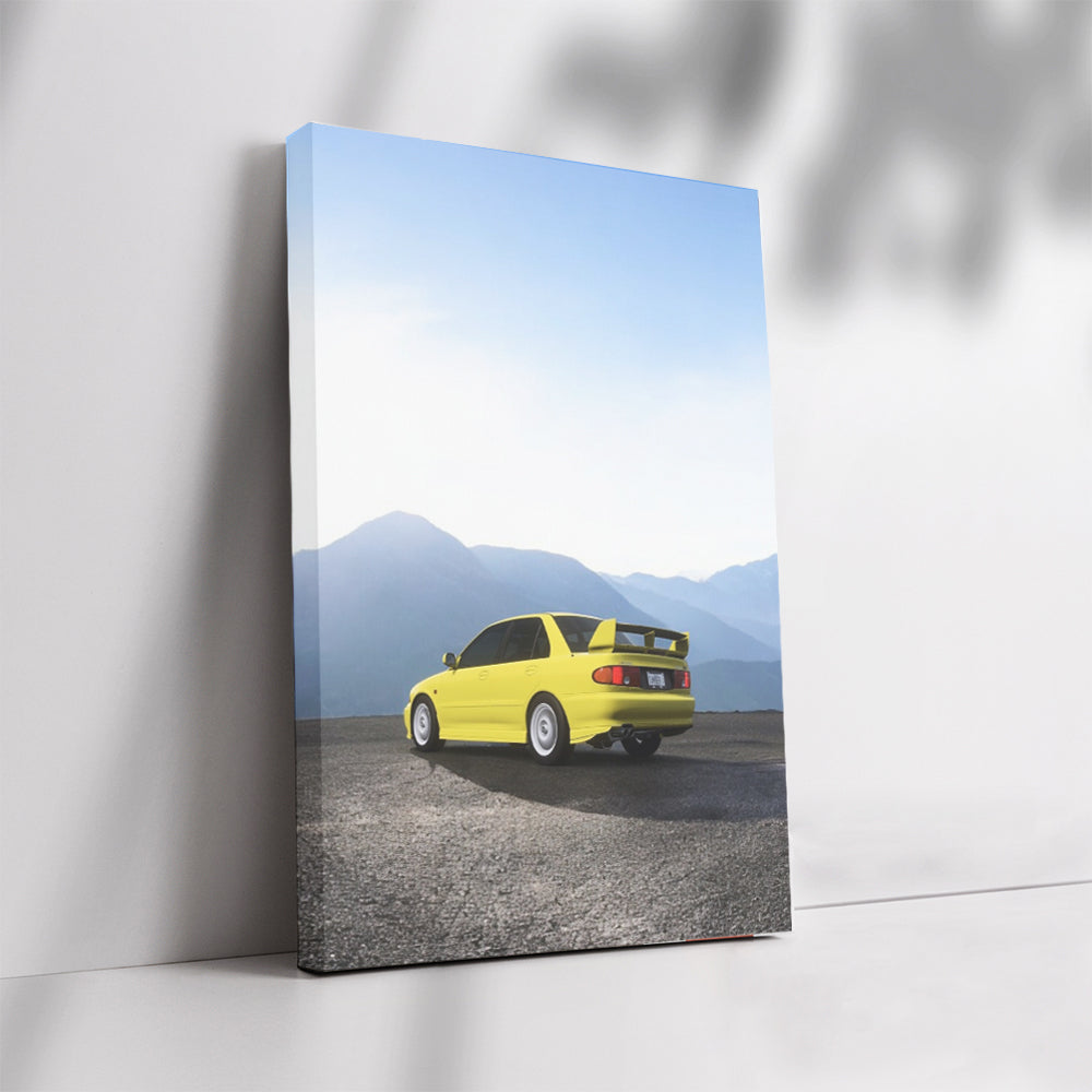 Yellow Mitsubishi Lancer in Mountains - Bold Performance