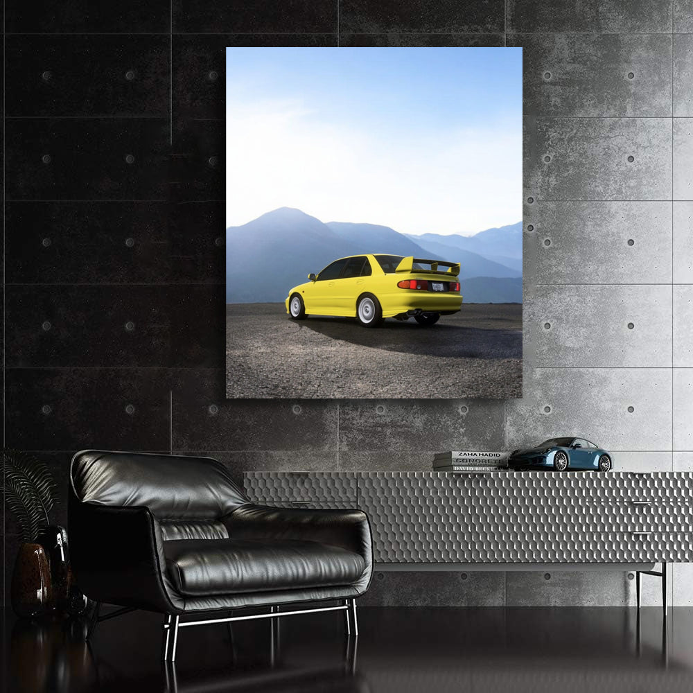 Yellow Mitsubishi Lancer in Mountains - Bold Performance