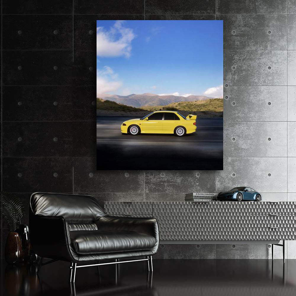 Yellow Mitsubishi Lancer navigating mountain roads - Agile Spirit