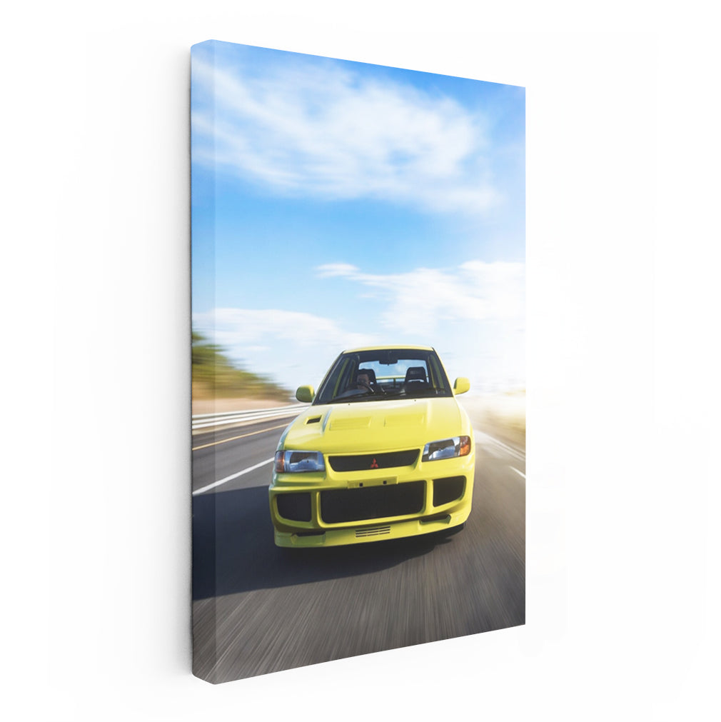 Yellow Mitsubishi Lancer Cruising Road - Sporty Elegance