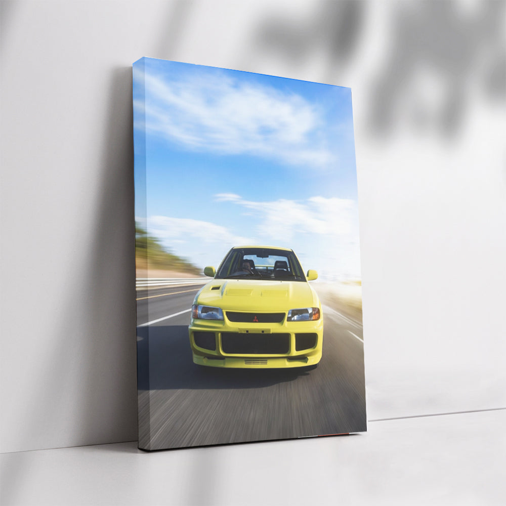 Yellow Mitsubishi Lancer Cruising Road - Sporty Elegance