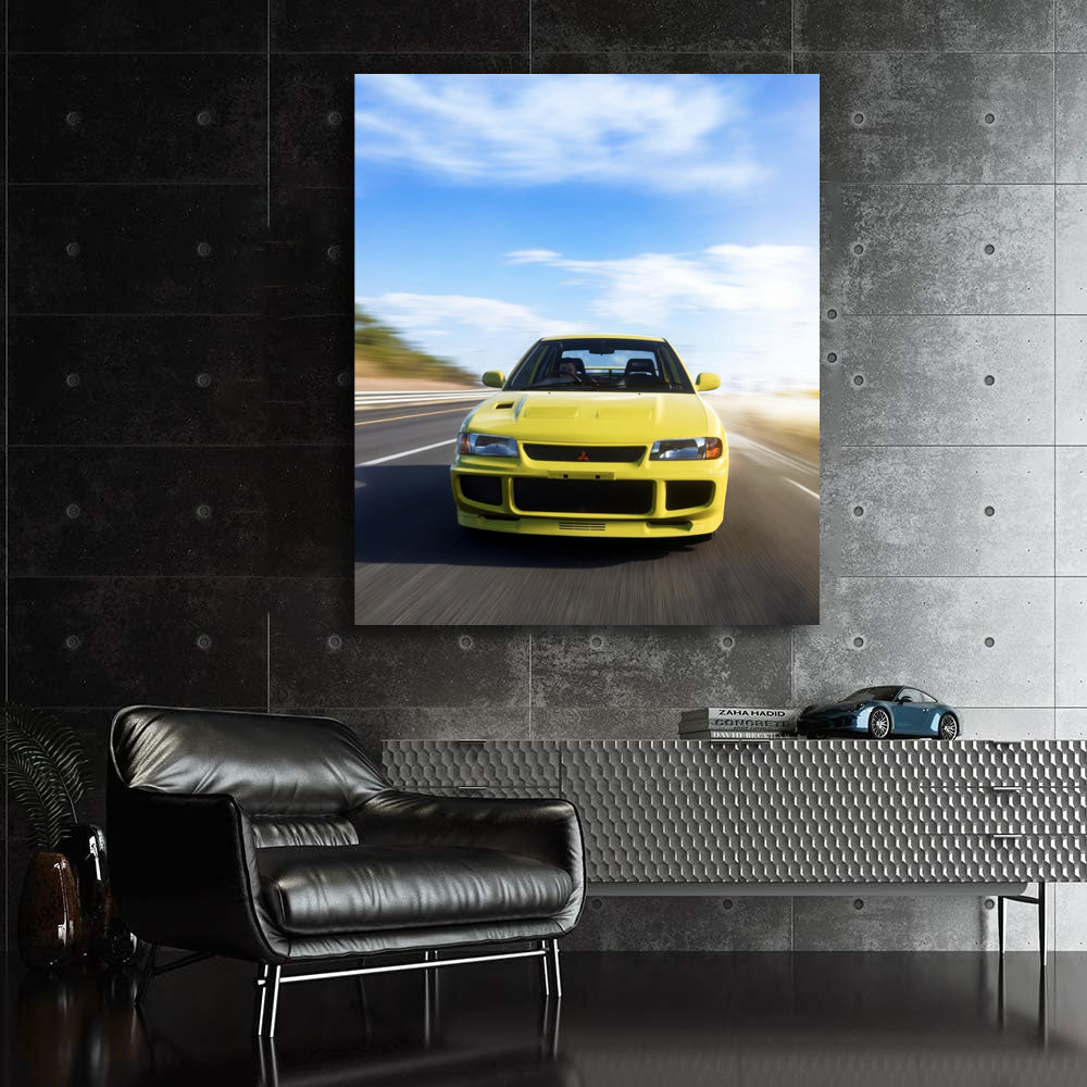 Yellow Mitsubishi Lancer Cruising Road - Sporty Elegance