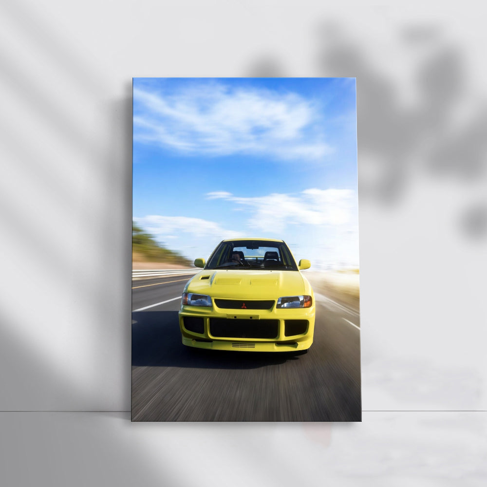 Yellow Mitsubishi Lancer Cruising Road - Sporty Elegance
