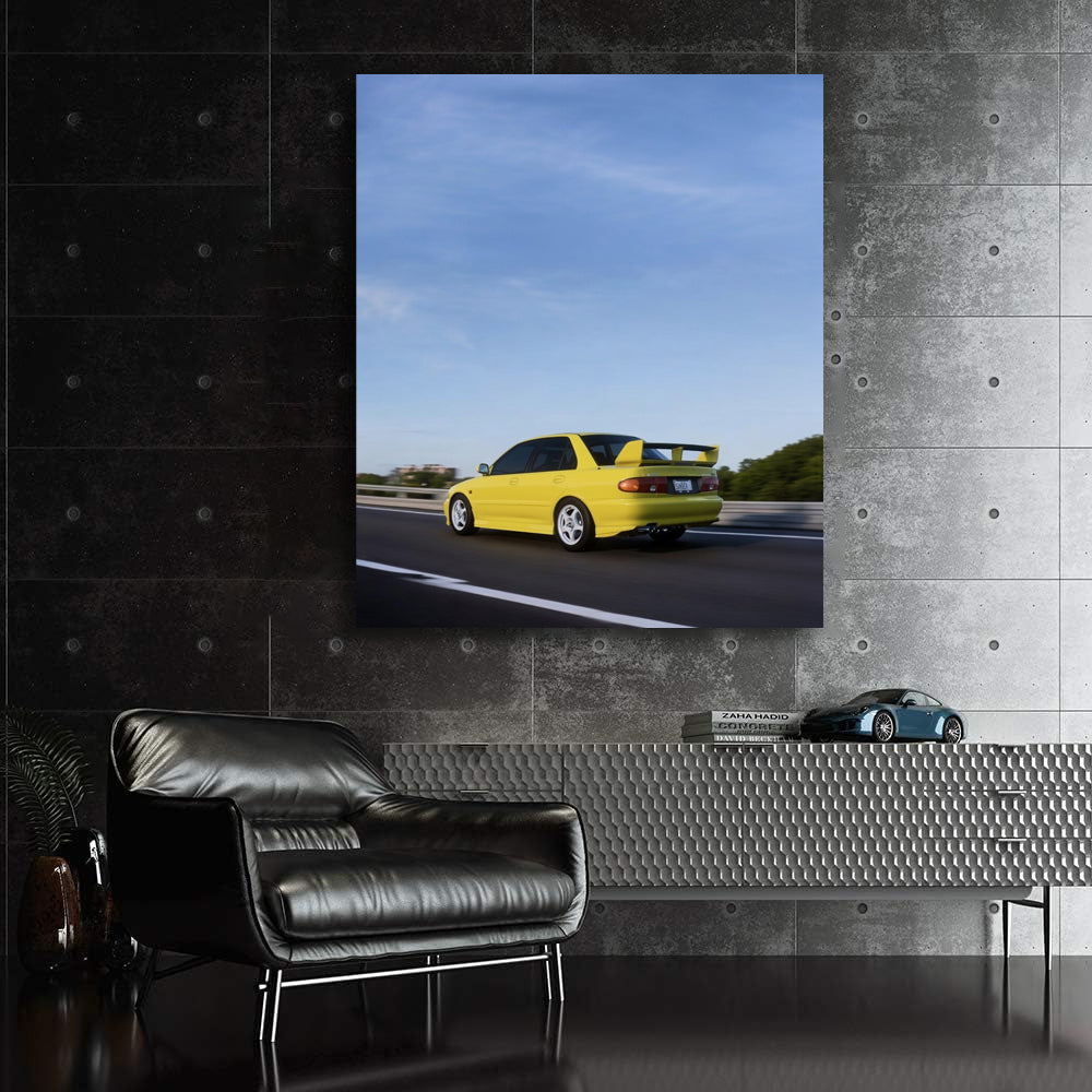 Yellow Mitsubishi Lancer Speeding on Road - Sporty Vibe
