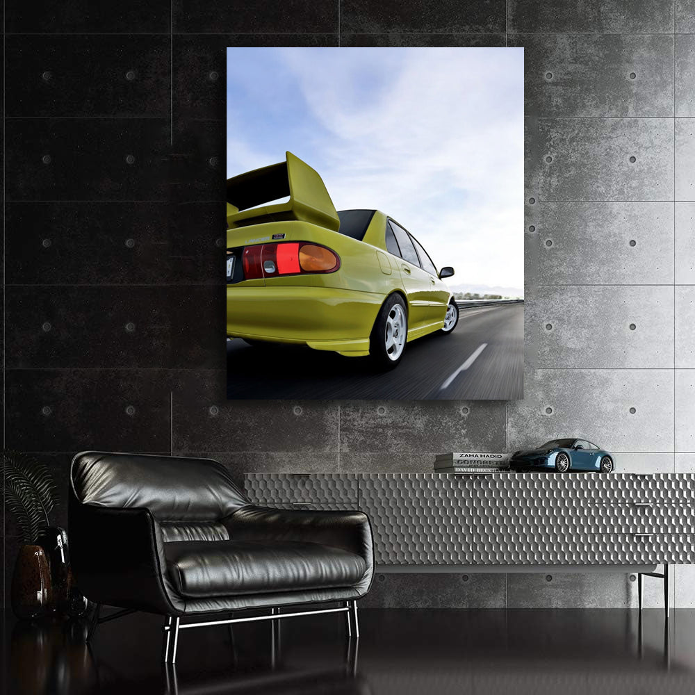 Yellow Mitsubishi Lancer Driving Down Road - Sporty & Bold