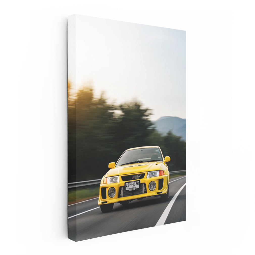 Yellow Mitsubishi Lancer on Scenic Mountain Road - Bold and Sporty