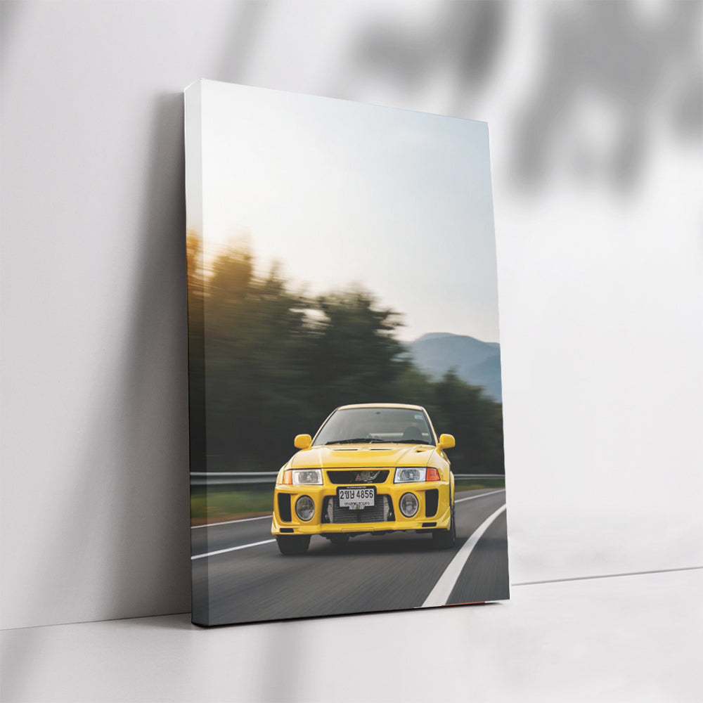 Yellow Mitsubishi Lancer on Scenic Mountain Road - Bold and Sporty