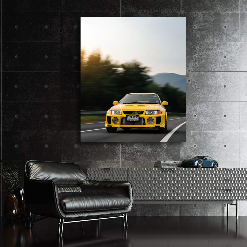 Yellow Mitsubishi Lancer on Scenic Mountain Road - Bold and Sporty
