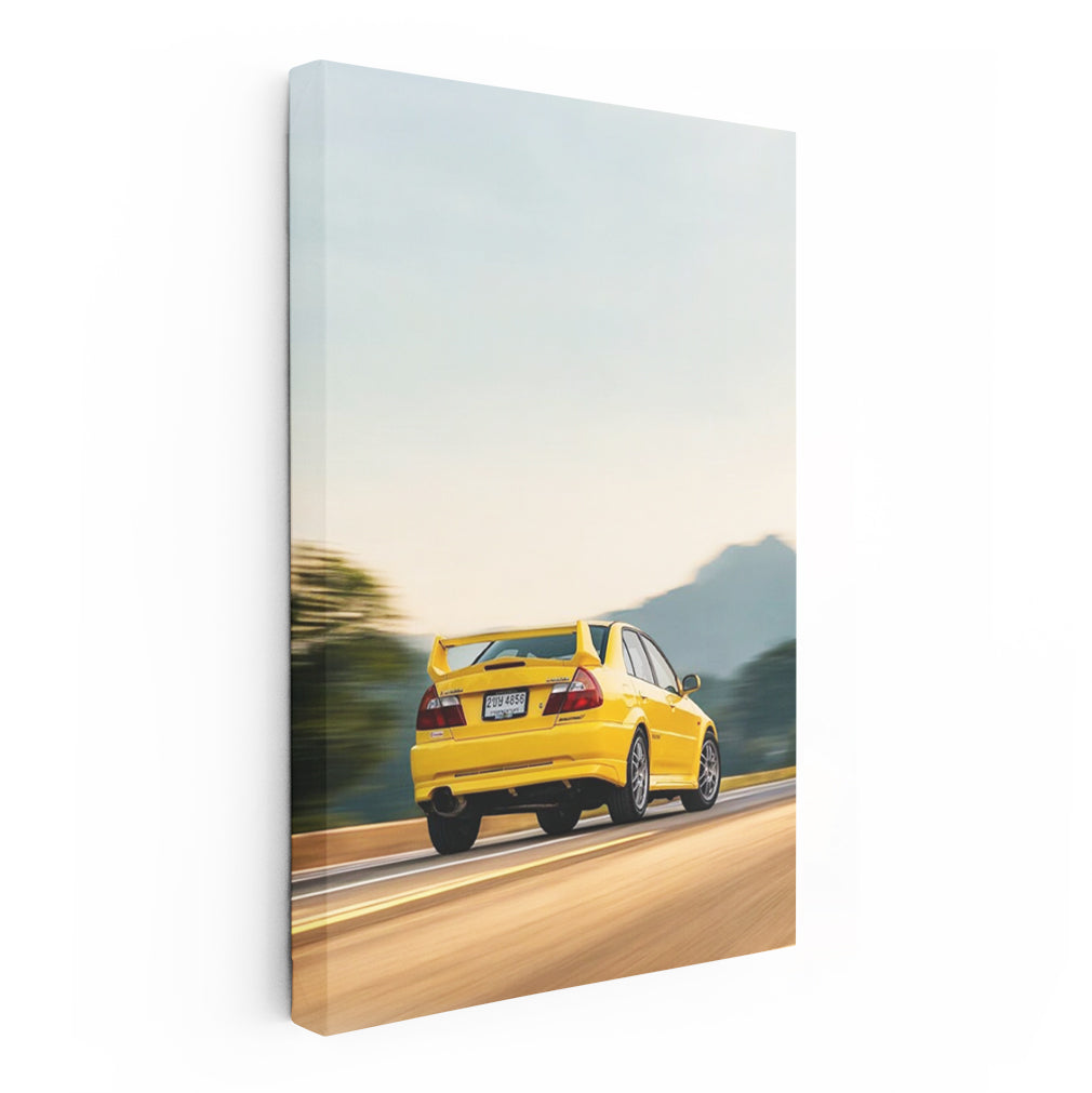 Yellow Mitsubishi Lancer Drives by Mountains - Sporty Style
