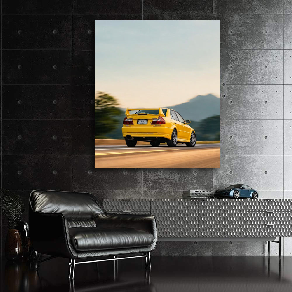 Yellow Mitsubishi Lancer Drives by Mountains - Sporty Style