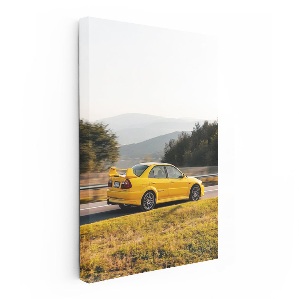Yellow Mitsubishi Lancer Cruising by Mountains - Speed Unleashed