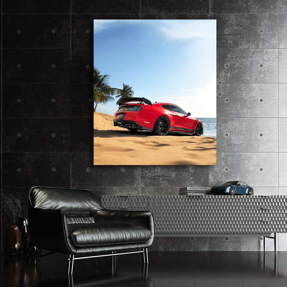 Matte Red Mustang GT500 at Beach - Bold and Powerful