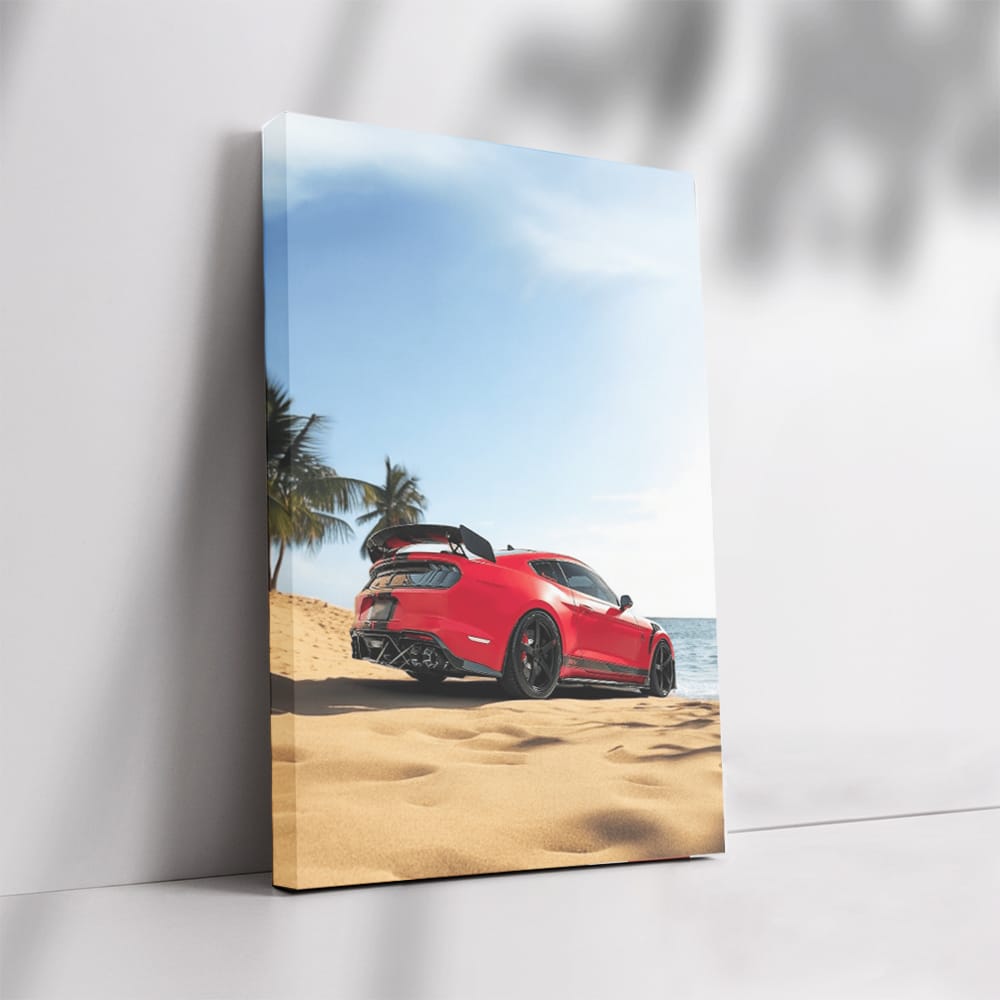 Matte Red Mustang GT500 at Beach - Bold and Powerful
