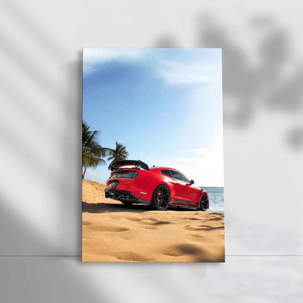 Matte Red Mustang GT500 at Beach - Bold and Powerful