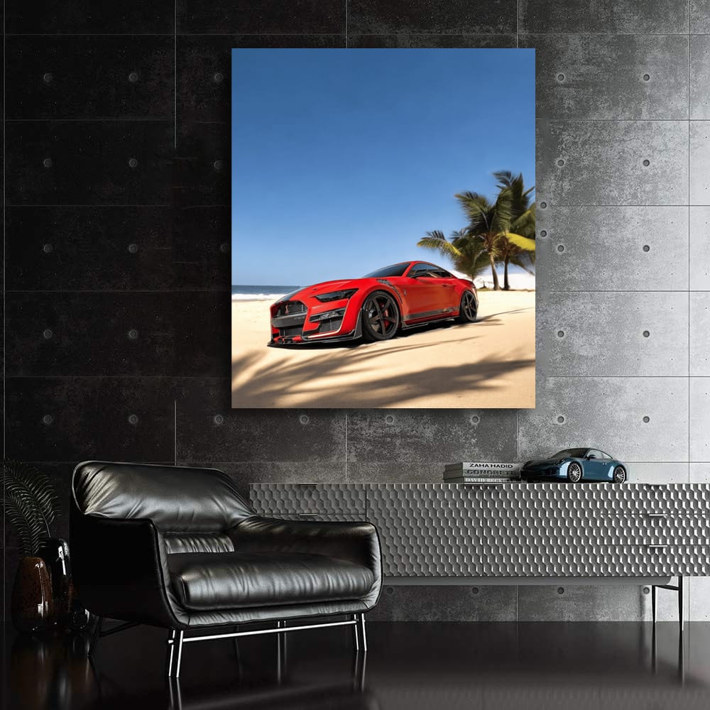 Mustang GT500 Matte Red at Beach - Power and Elegance