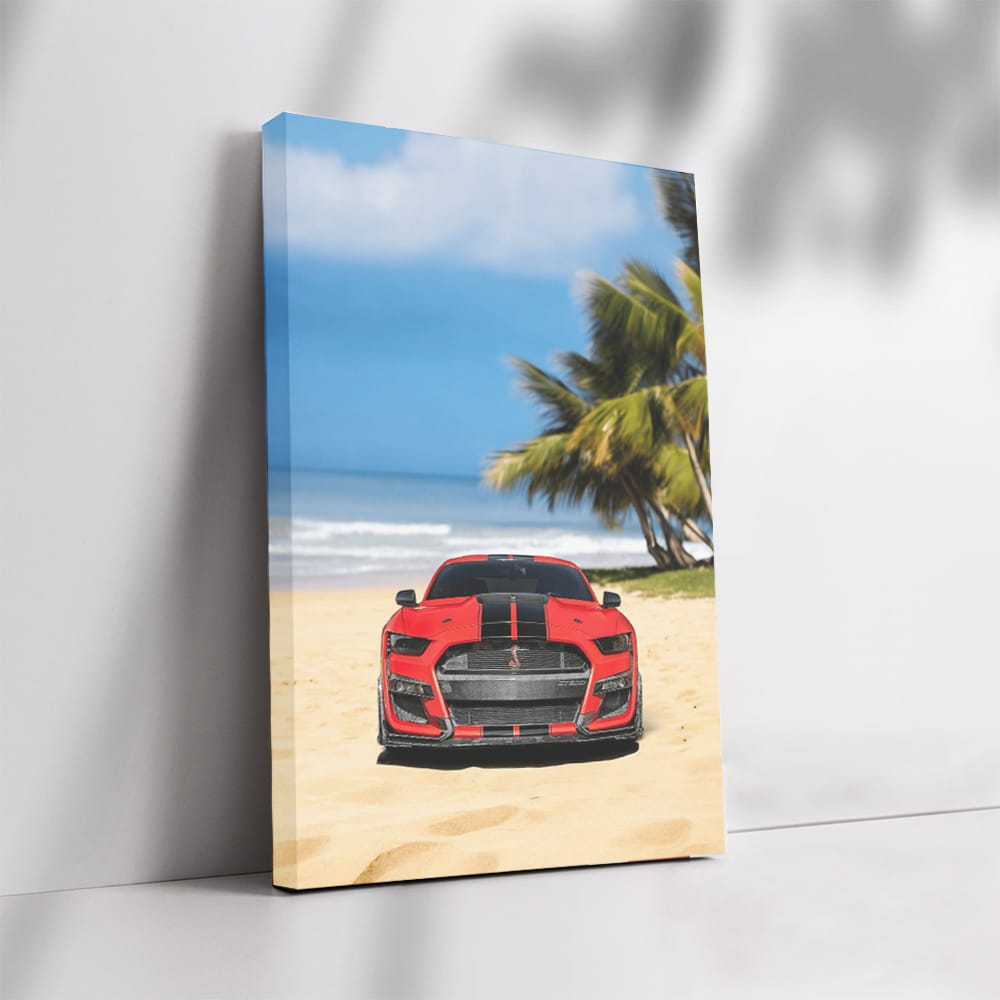 Matte Red Mustang GT500 at Beach - Bold & Powerful Ride
