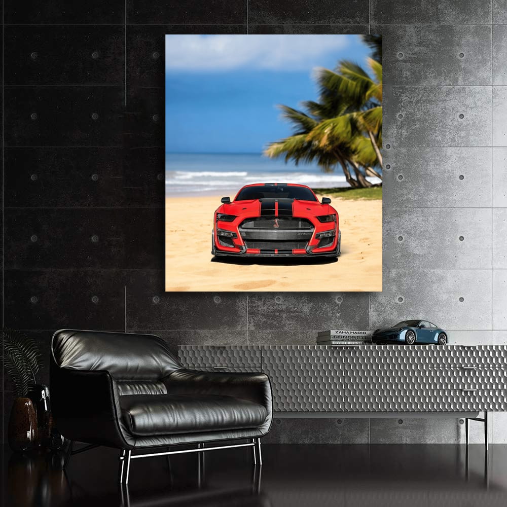 Matte Red Mustang GT500 at Beach - Bold & Powerful Ride