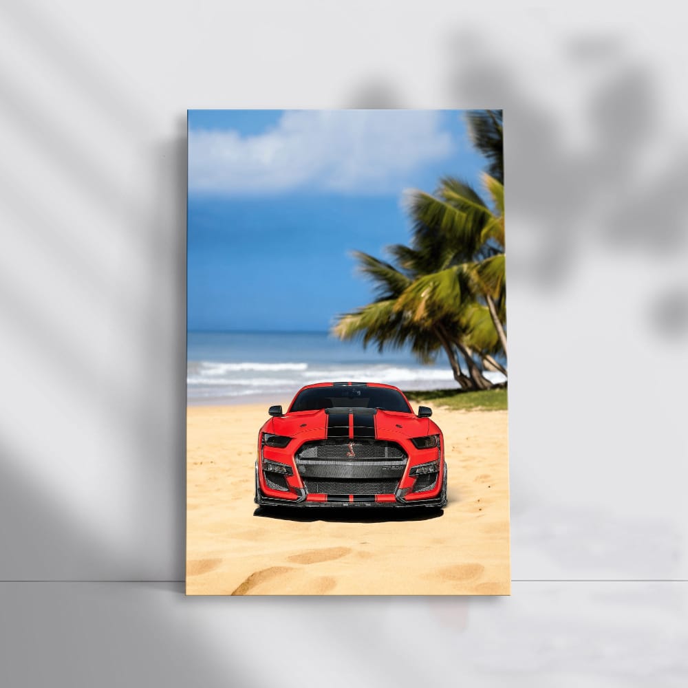 Matte Red Mustang GT500 at Beach - Bold & Powerful Ride