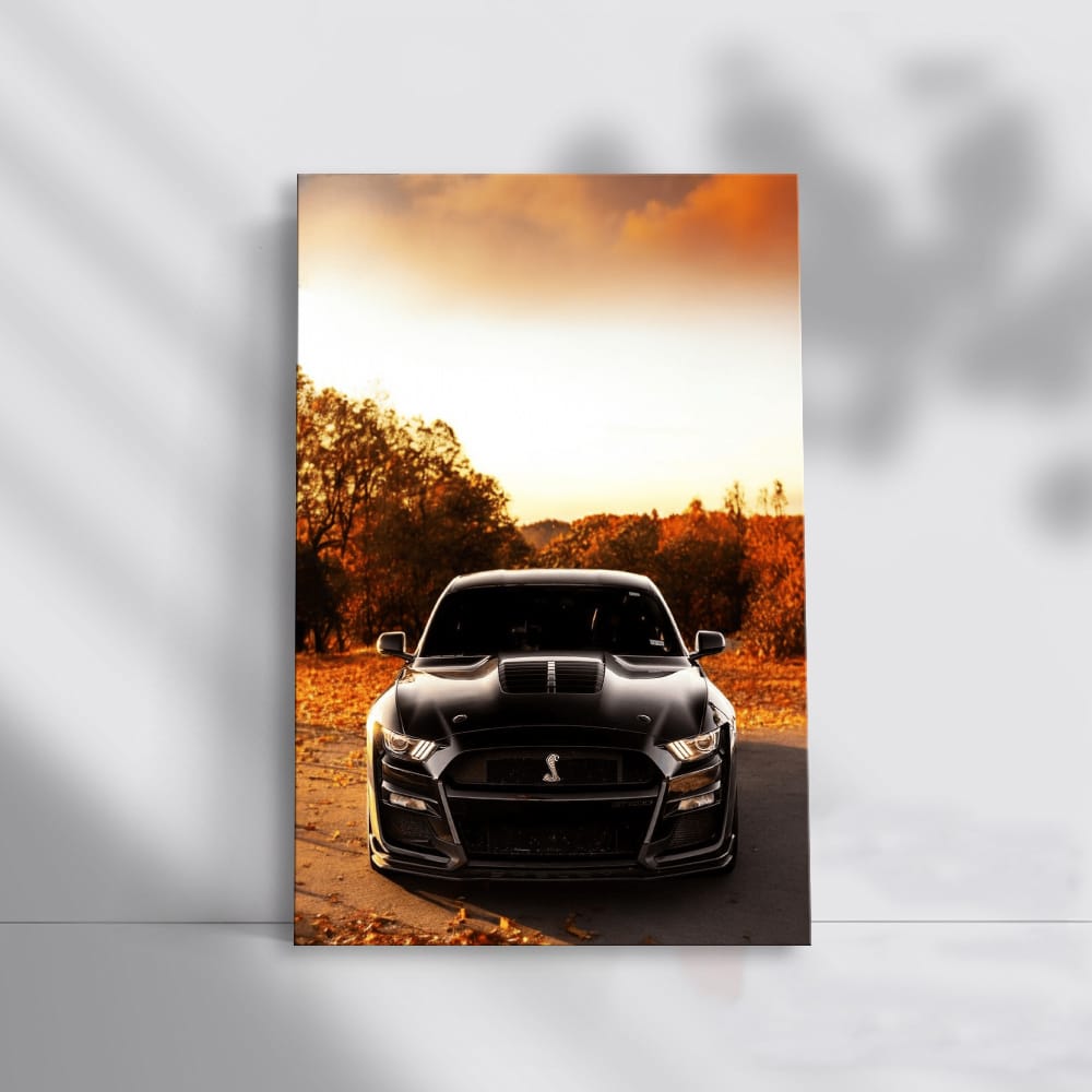 Mustang at Sunset: Autumn's Fiery Backdrop - Iconic Power