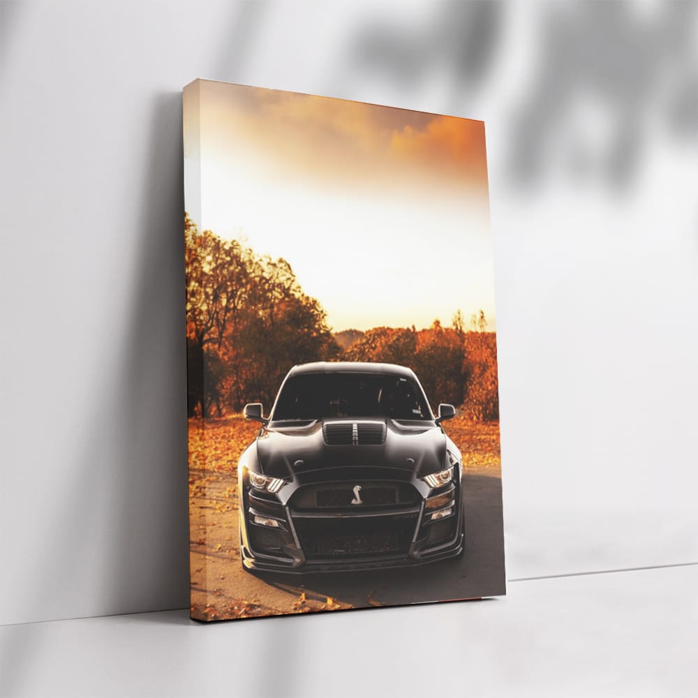 Mustang at Sunset: Autumn's Fiery Backdrop - Iconic Power