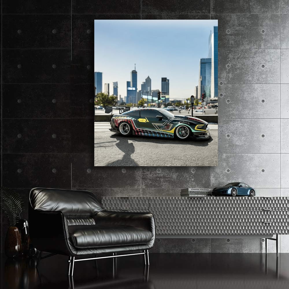 Mustang with Cityscape Background - Power and Elegance