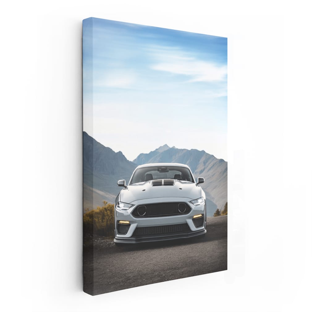 Grey Mustang Roaring Through Mountain Pass - Power Unleashed