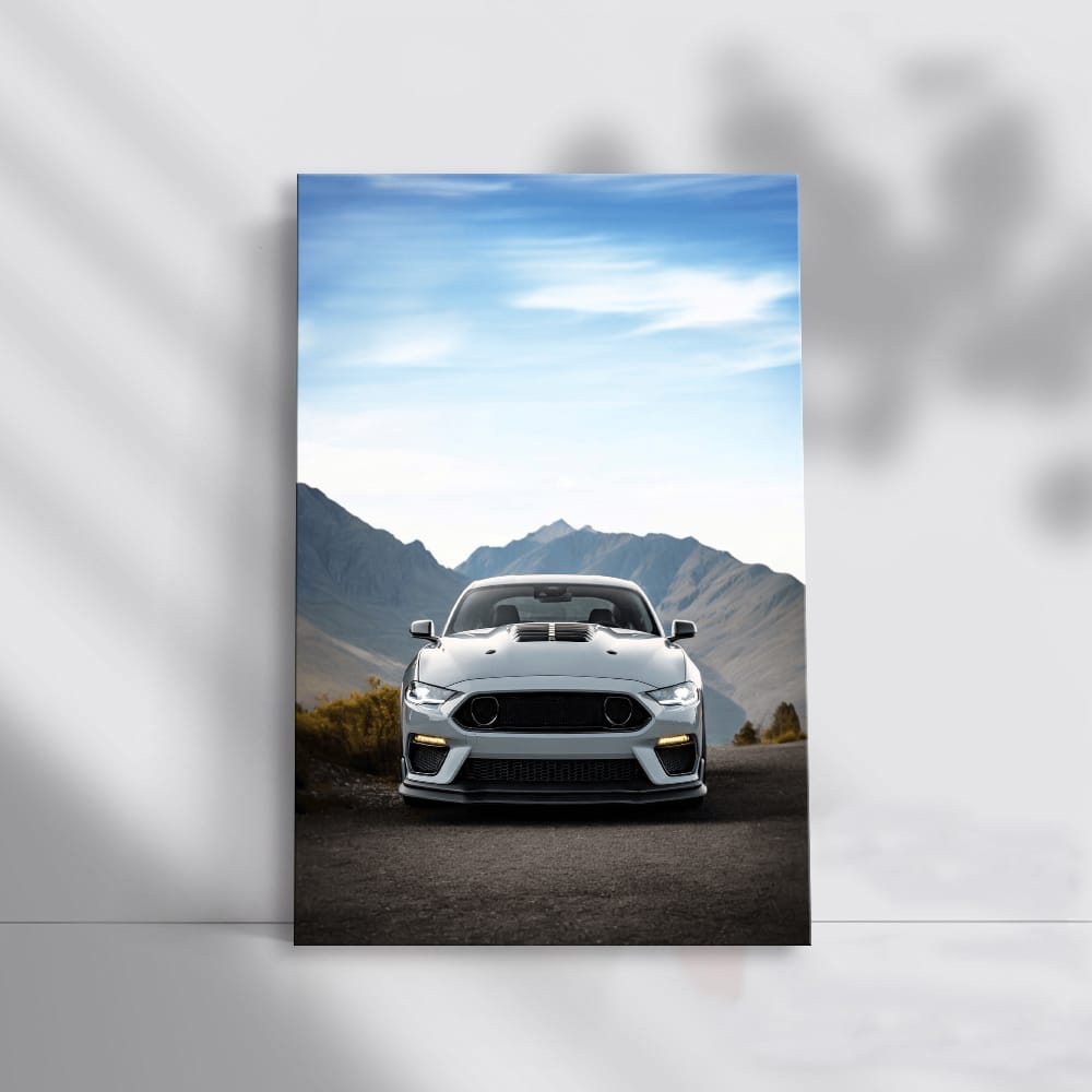 Grey Mustang Roaring Through Mountain Pass - Power Unleashed