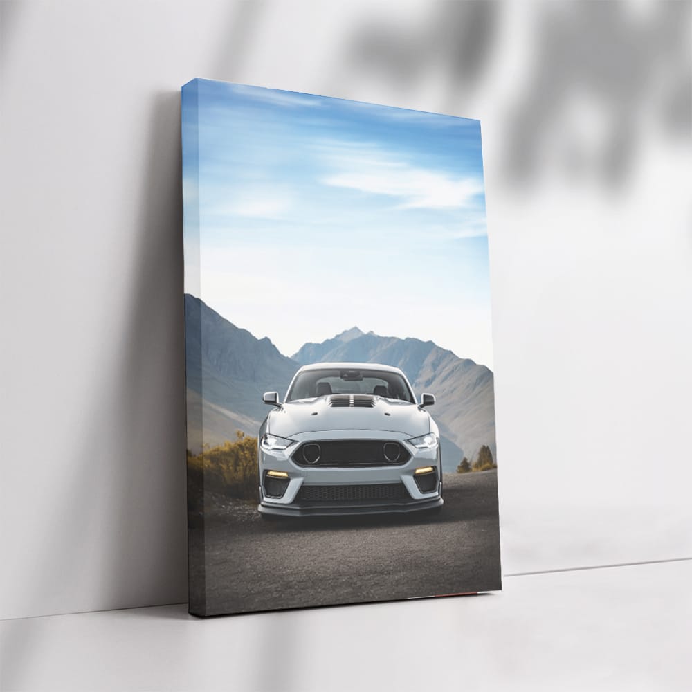 Grey Mustang Roaring Through Mountain Pass - Power Unleashed