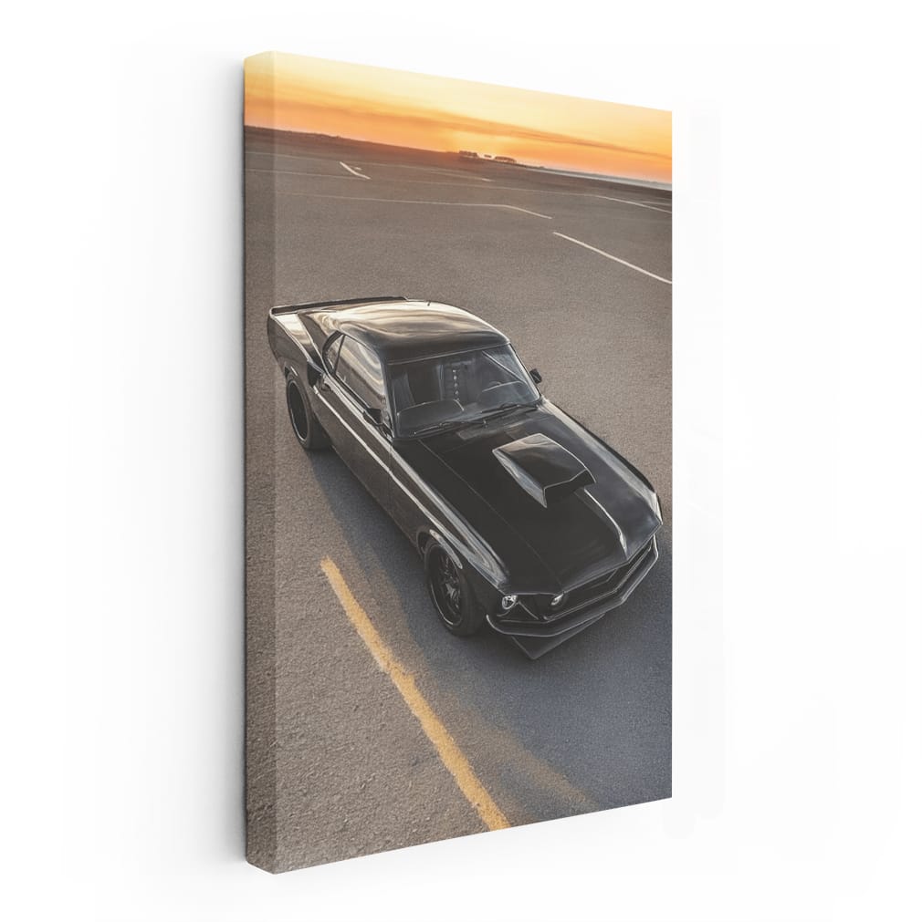 Vintage Black Mustang at Sunset - Classic Elegance