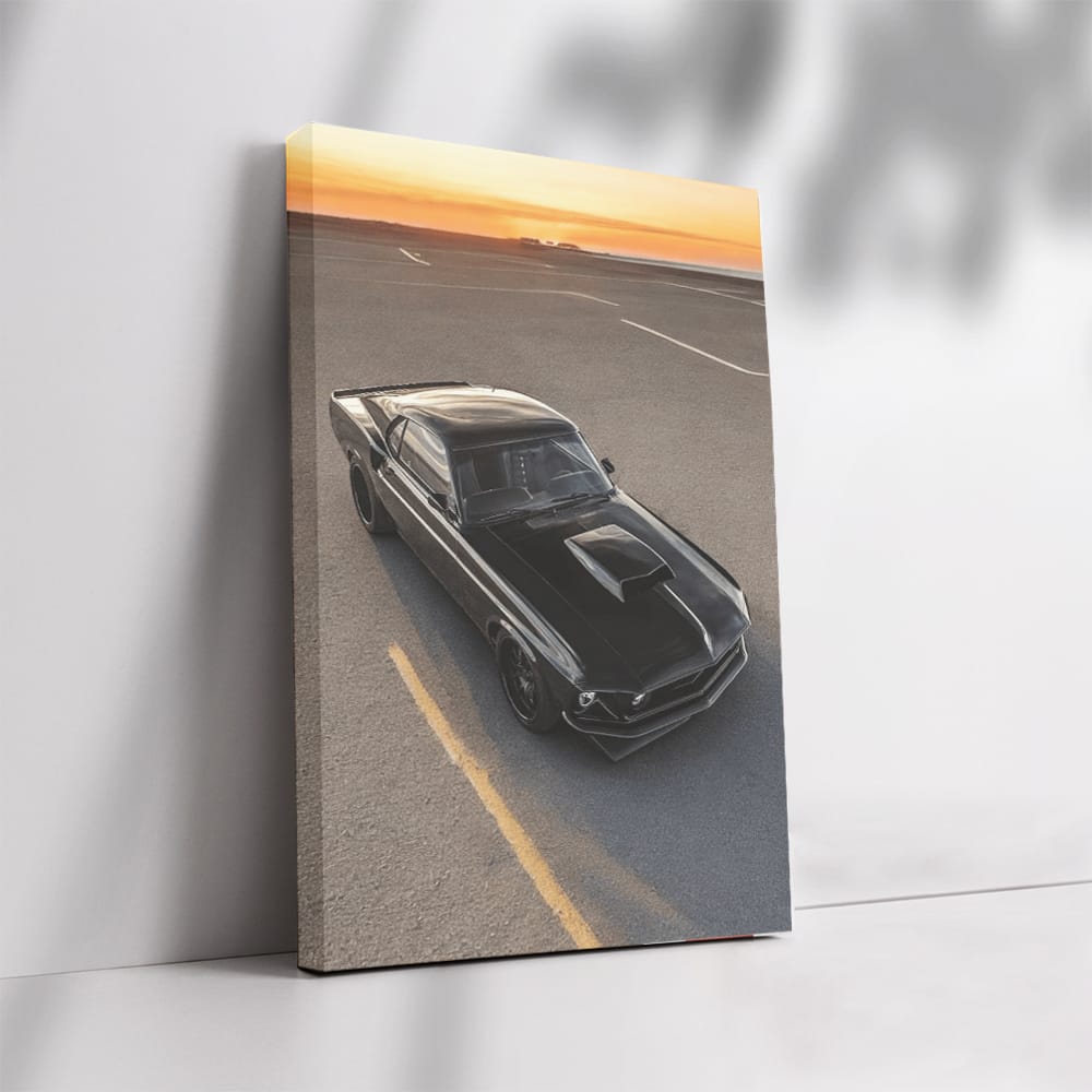 Vintage Black Mustang at Sunset - Classic Elegance