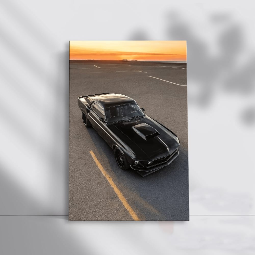 Vintage Black Mustang at Sunset - Classic Elegance