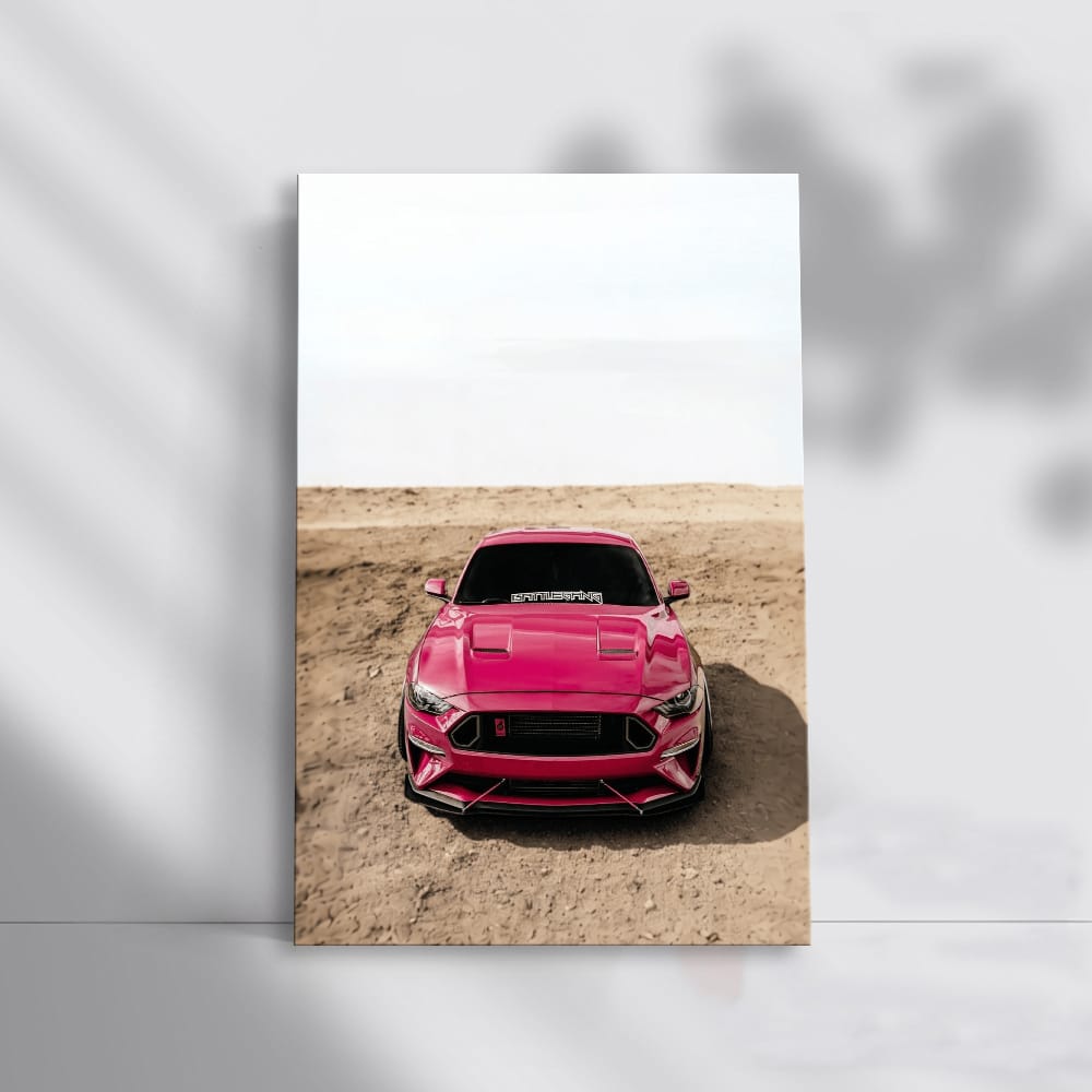 Pink Mustang in Mountain Scene - Bold and Adventurous