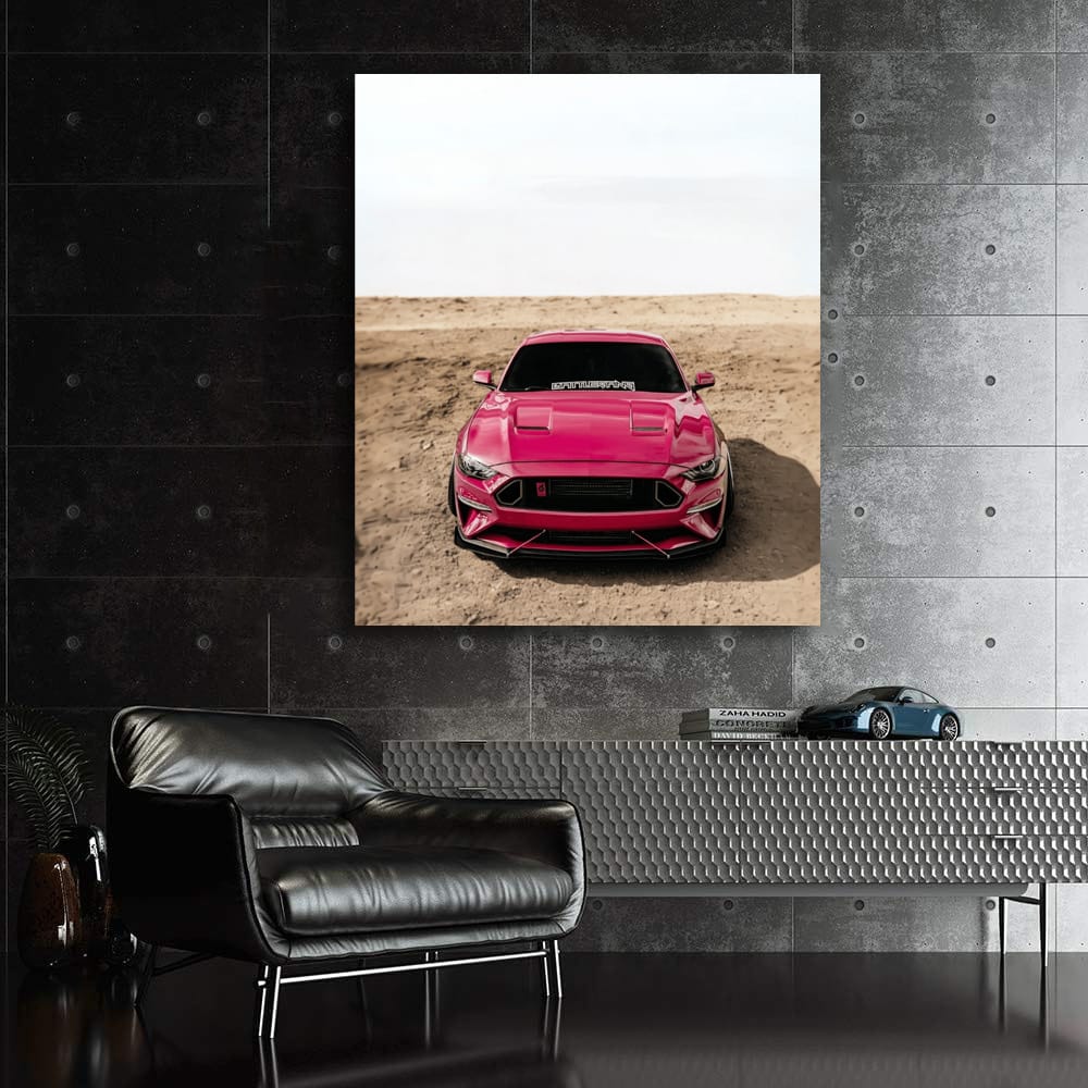 Pink Mustang in Mountain Scene - Bold and Adventurous
