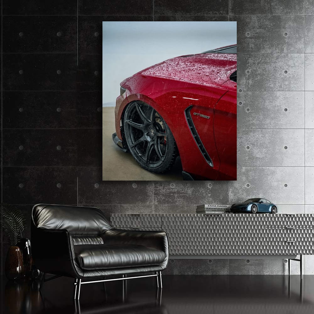 Red Mustang in Rain - Classic Powerhouse
