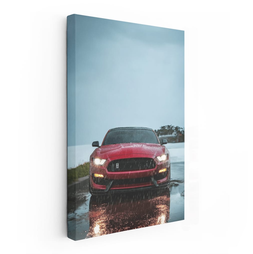 Red Mustang in Rain - Bold Elegance on Wheels