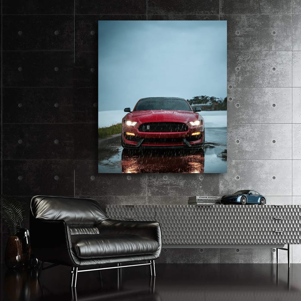 Red Mustang in Rain - Bold Elegance on Wheels