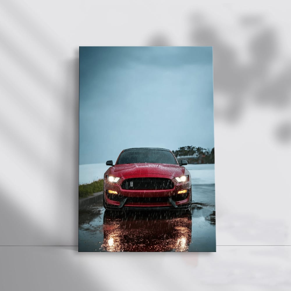 Red Mustang in Rain - Bold Elegance on Wheels