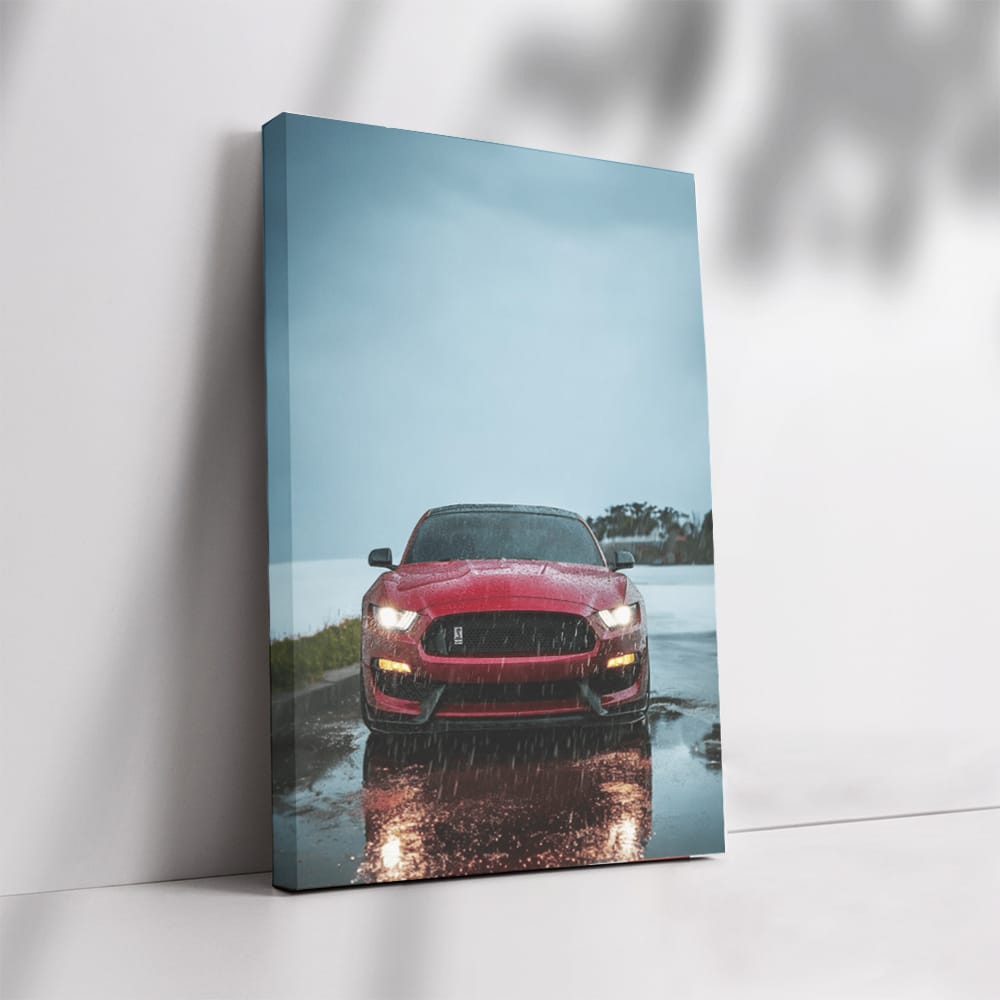 Red Mustang in Rain - Bold Elegance on Wheels