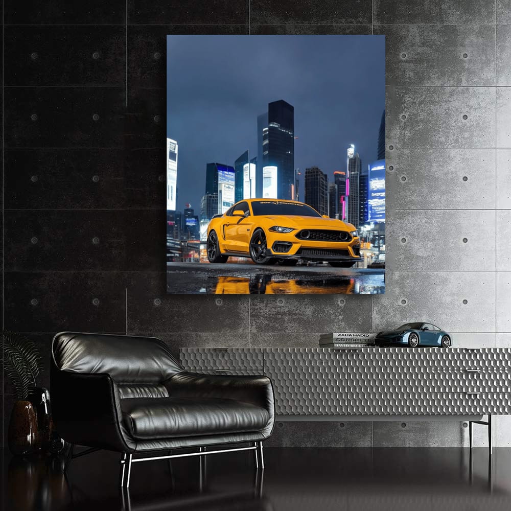 Yellow Mustang in Night Cityscape - Bold and Fearless