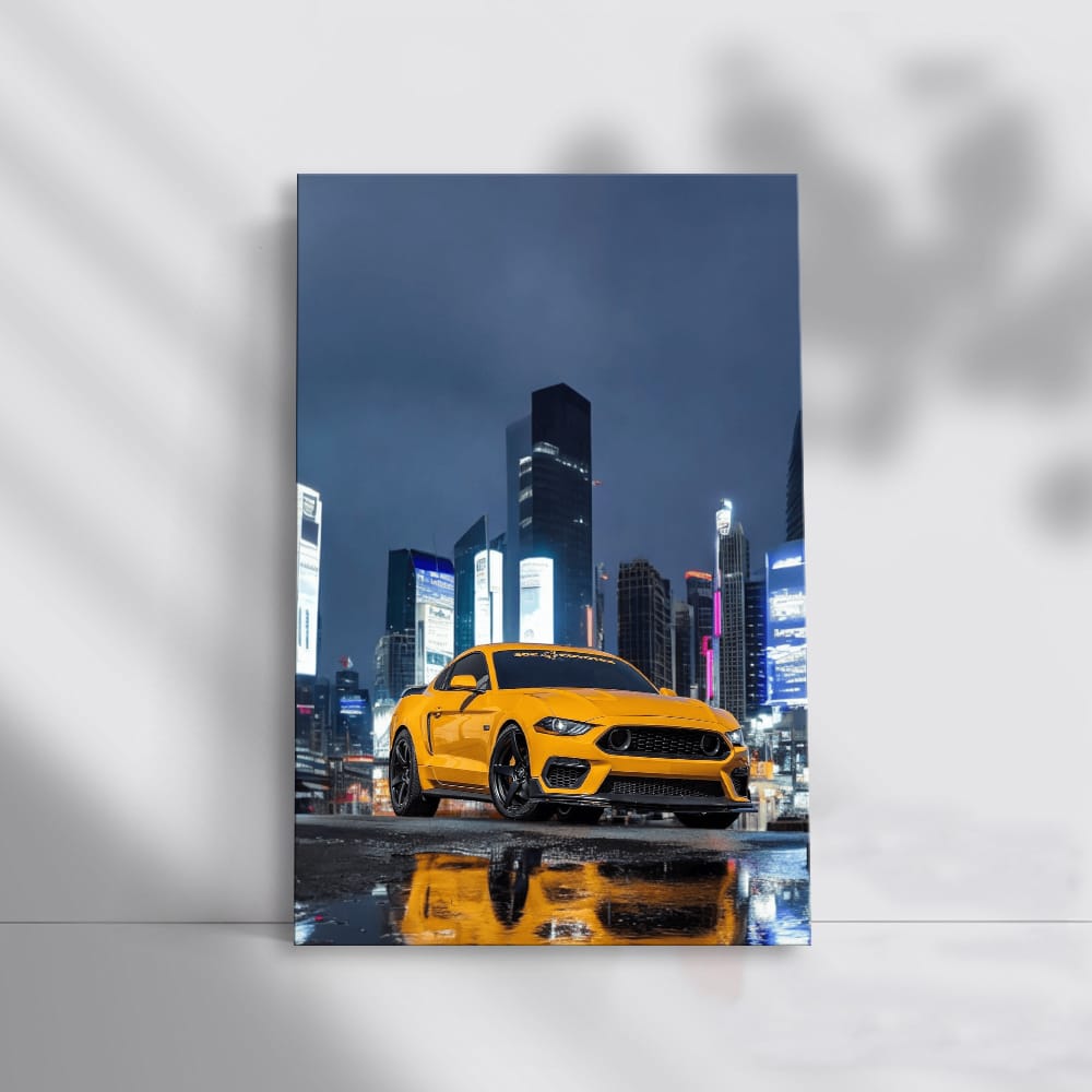 Yellow Mustang in Night Cityscape - Bold and Fearless