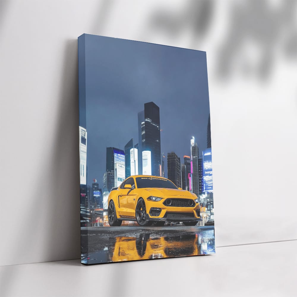 Yellow Mustang in Night Cityscape - Bold and Fearless